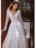 Long Sleeve Beaded Ivory Lace Cathedral Wedding Dress